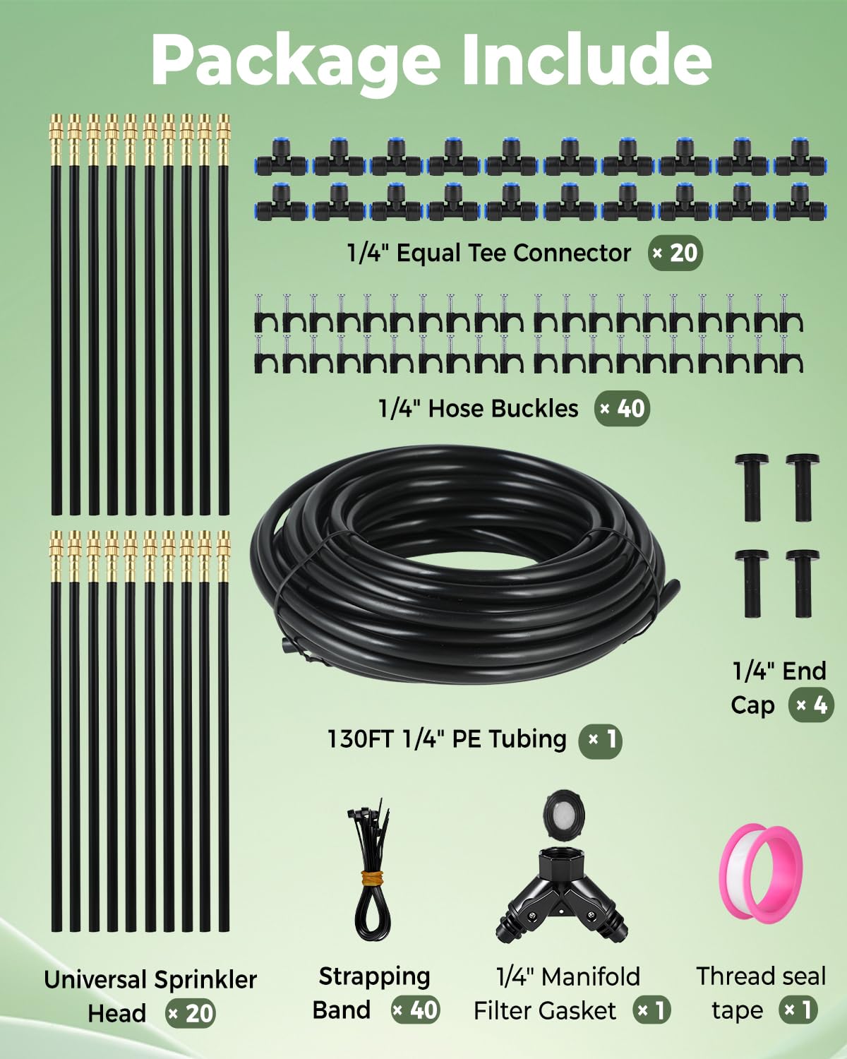 130FT Drip Irrigation System for Garden: 20 Nozzles 1/4" PE Tubing Automatic Watering Kit Adjustable Misting Sprinkler Mister Hose for Water Plants Tape Raised Beds Lawn Outdoor Yard Greenhouse
