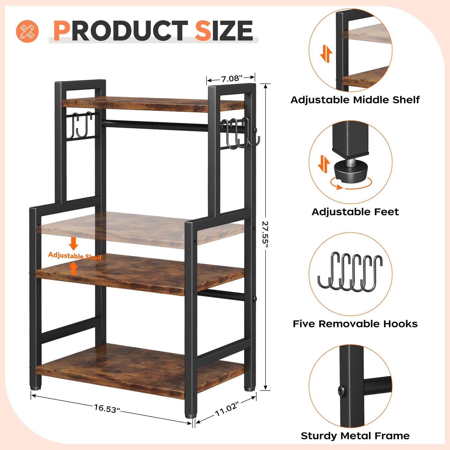 Kitchen Countertop Organizer,3 Tier Large Spice Rack Organizer with Adjustable Shelf and 5 Hooks,Wooden Counter Organizer,Space Saving Countertop Shelf Microwave Stand for Kitchen,Bathroom,Coffee Bar