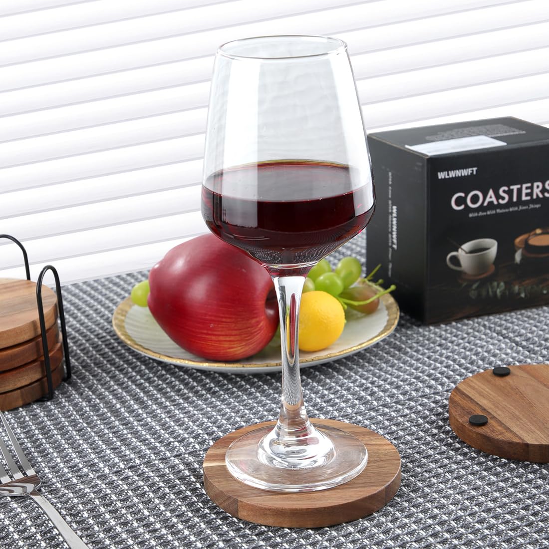 WLWNWFT Wood Coasters for Drinks Tabletop Protection with Holder Set of 6, Acacia Wooden Coaster for Coffee Table Dining Table Round with Non-Slip Pad Cup Coaster for Home Christmas Decor 4 Inch