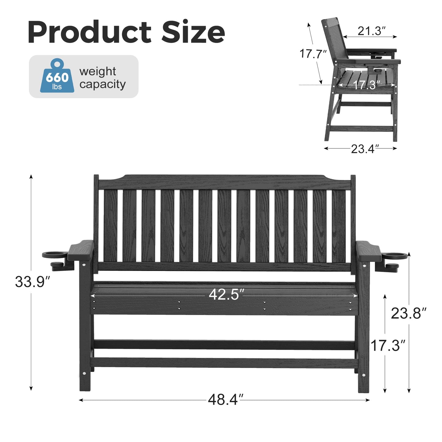 WACASA 48" Outdoor Bench, HDPE Weatherproof Porch Bench, 2-Person Garden Benches with 660 Lbs, Waterproof Patio Benches for Outside Balcony Deck Backyard, Grey