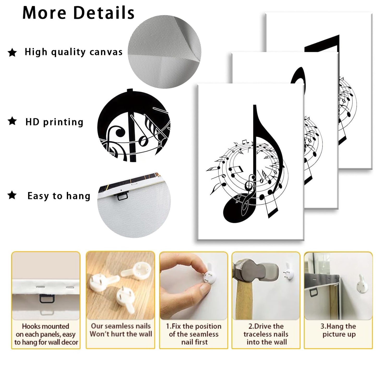 3Pcs Framed Music Notes Wall Art Black and White Music Art Pictures Prints Music Canvas Decor Musical Notes wall decor Stylish Music Room Classroom Posters(12x16in x3 Pcs Framed)