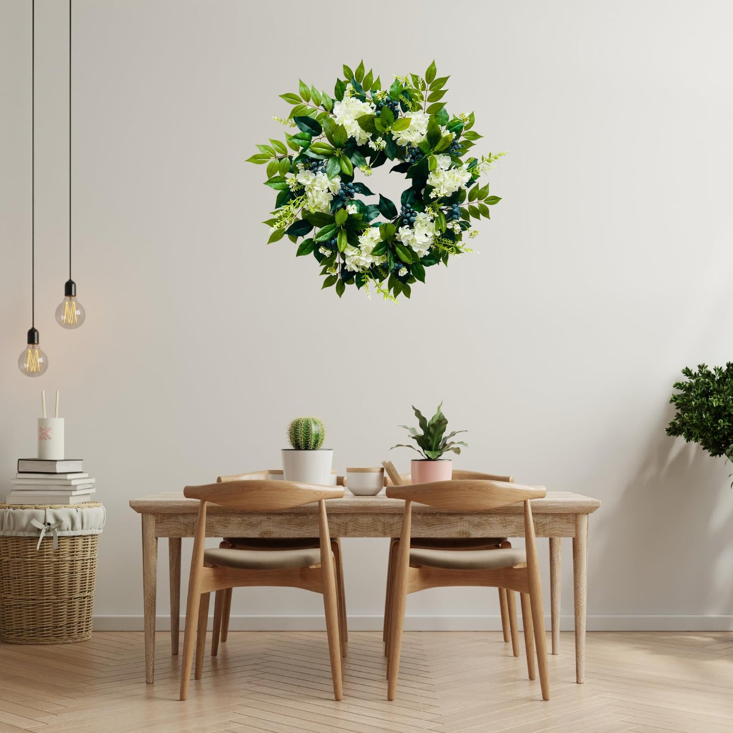 Svndlyn 22 Inch Lighted Hydrangea Wreath with Timer for All Season 20 Lights Steady & Flashing Modes Artificial Hydrangea Flower Blueberry and Eucalyptus Leaves for Outdoor Front Door Wall Window