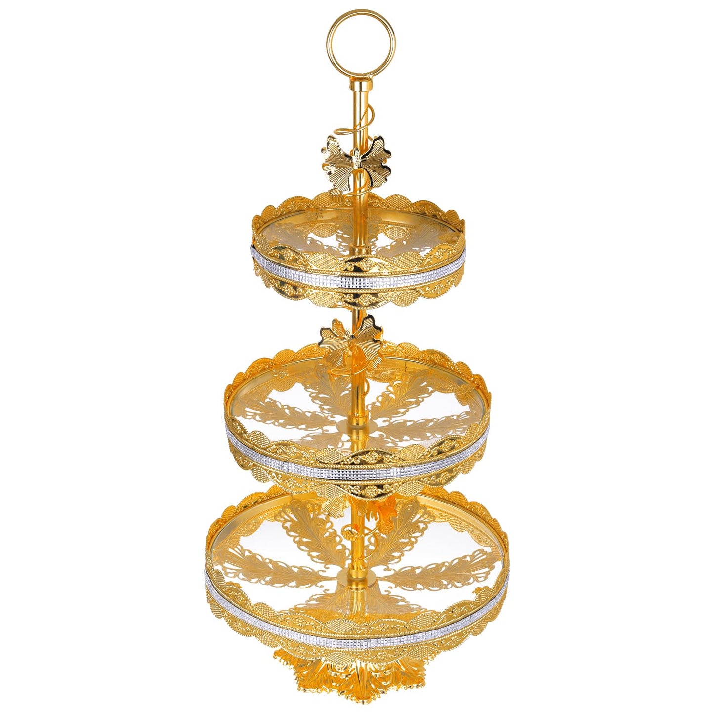 3 Tier 24 Inches Round Metal Cake Display Stand, Gold Fondant Cake Cupcake Dessert Fruit Stand Pedestal, Bakeware Wedding Birthday Baking Party Supplies Centerpiece