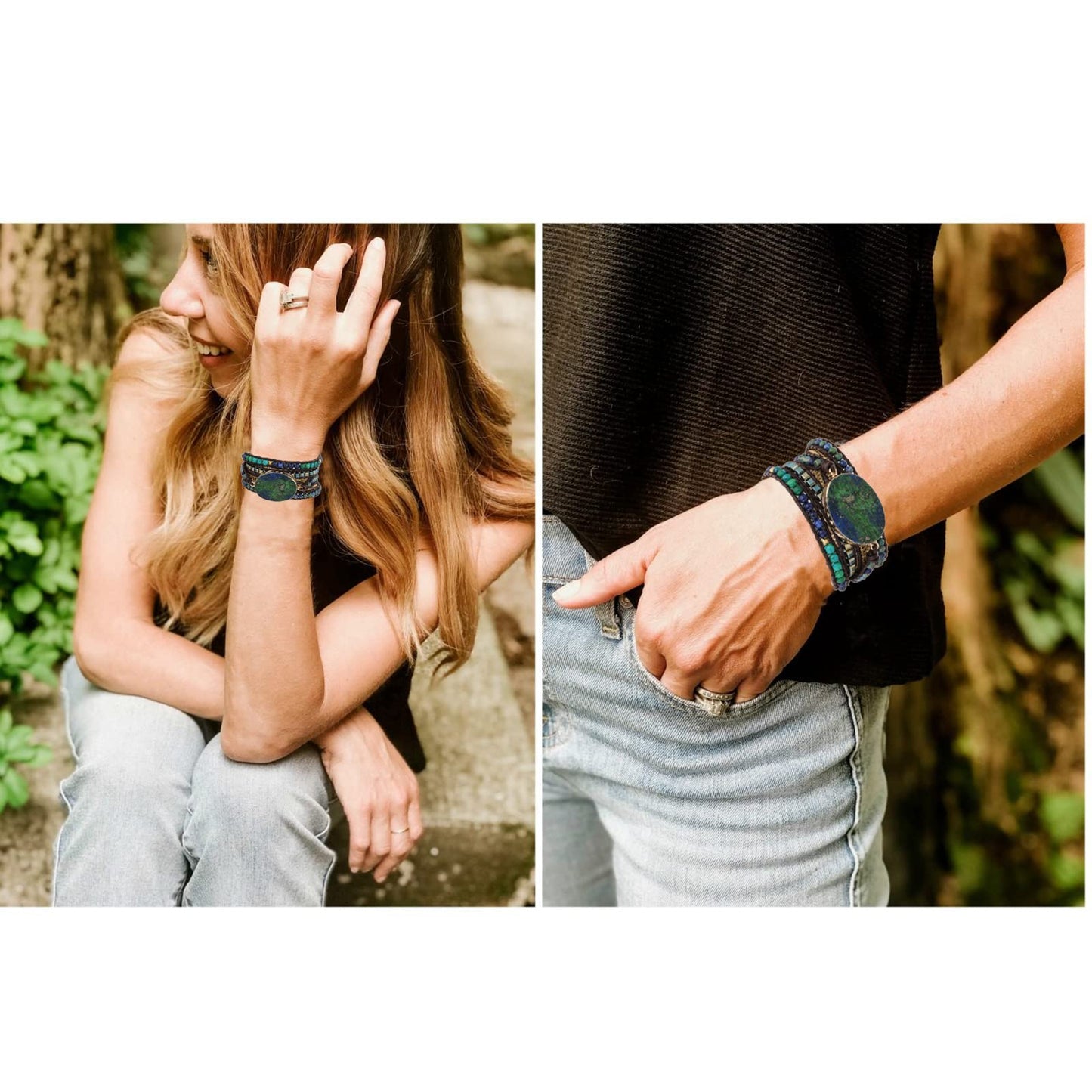 Plumiss Boho Leather 5 Wrap Natural Stone Chrysocolla Bracelet Handmade Gemstone Beaded Bracelet Jewelry Collection