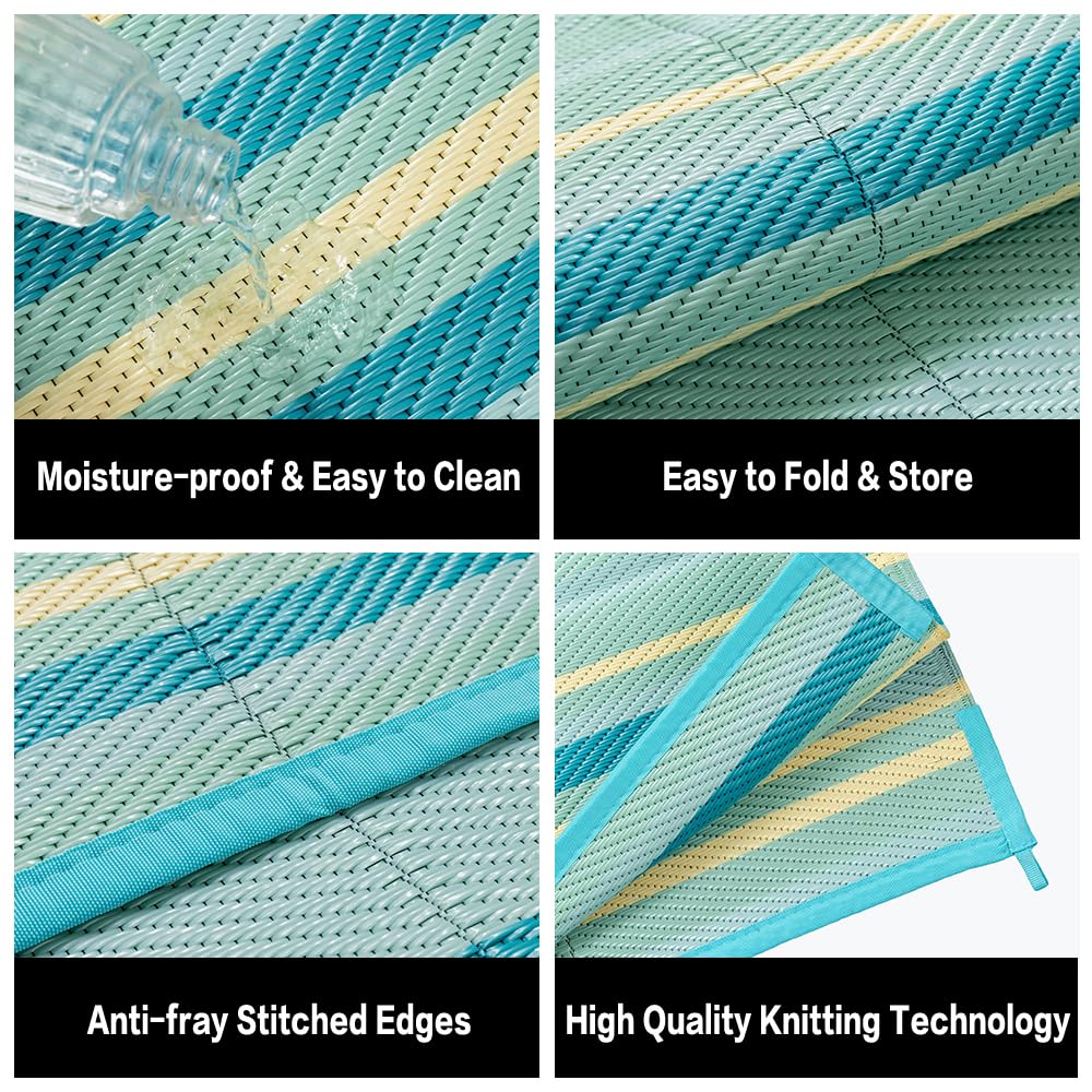WondRg Outdoor Plastic Straw Rug Waterproof Patio 8x10 Teal Yellow Stripe Mat for Porch Camping RV Balcony Deck Courtyard Reversible Lightweight Durable Portable Carpet