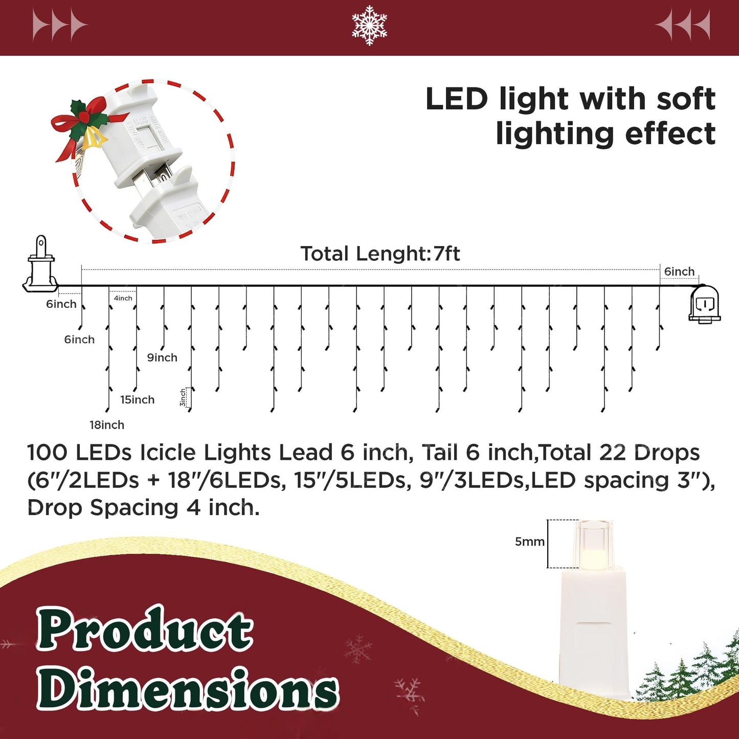 LED Christmas Lights, 100 LED Icicle Lights on 7FT with 4 Inch Spacing - 5MM Wide Angle Warm White Bulbs, IP68 Waterproof & ETL Certified for Outdoor/Indoor