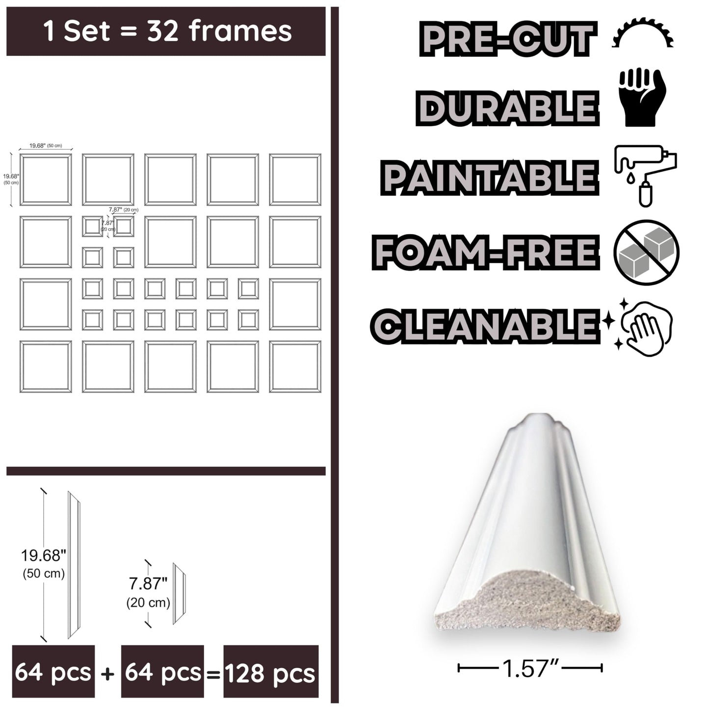 Peel and Stick Wall Molding Kit | Pre-Cut Paintable Wainscoting Panels | 16 Frames 19.68” + 16 Frames 7.87” (Totally 32 pcs) | Easy Install Decorative Wall Trim for Bedroom, Living Room