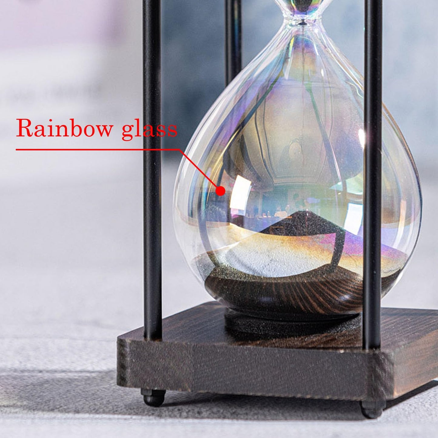 Rainbow Hourglass Timer 60 Minute, Wooden Frame Decorative Sand Timer (Black Sand, Large Size)