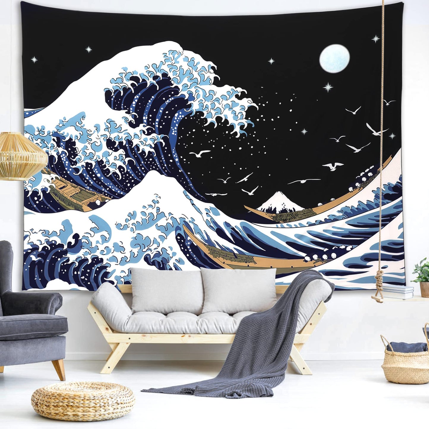 Pentasmile Wall Tapestry for Bedroom Aesthetic Japanese The Great Wave off Kanagawa Tapestries Large Trippy Tapestrys Black Art Tapistry Wall Hanging Decor Ceiling Tapastry (51ʺ × 59ʺ)