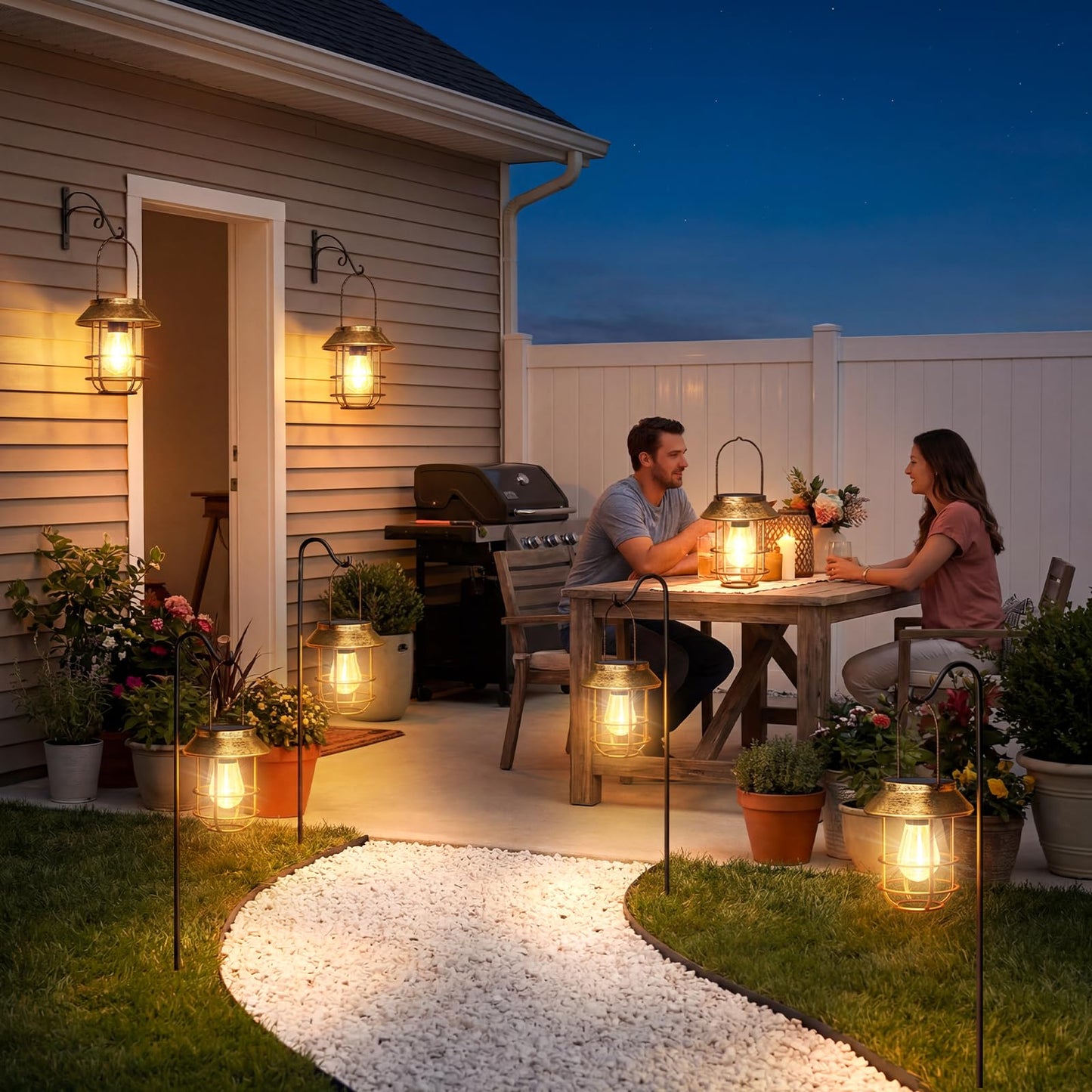 AOUNQ Solar Lanterns Outdoor Waterproof 4 Pack, Upgraded Brighter Hanging Solar Lights for Outside with Wall Hook - Retro Bronze Metal Solar-Powered Hanging Lantern Auto On/Off for Porch Patio Garden