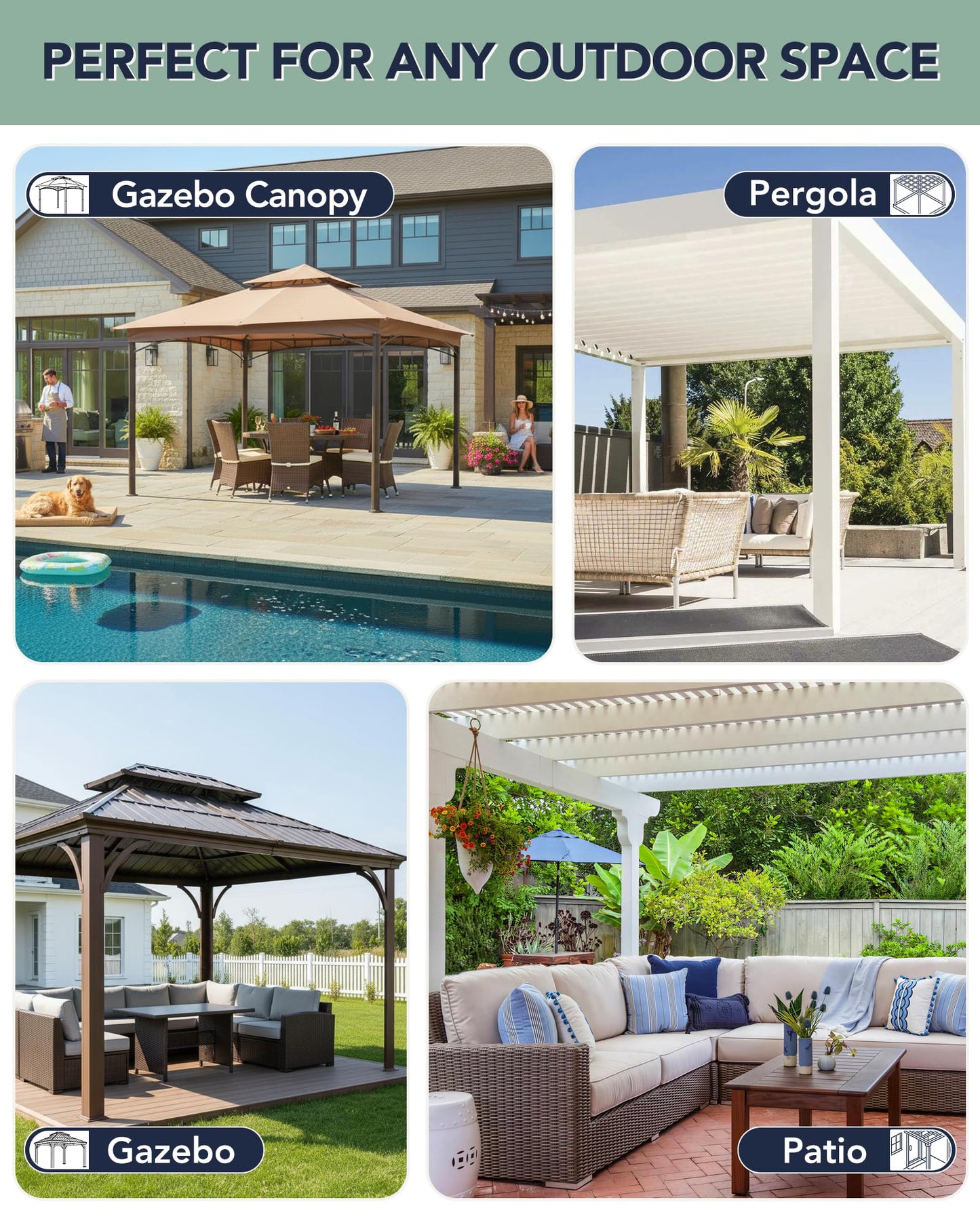 RichSets Gazebo Curtains Outdoor Waterproof - 10'Wx10'Lx7'H Weatherproof Patio Pergola Outside Curtains, Gazebo Universal Replacement Privacy Curtains, 4 Panels Sidewall Drapes with Zipper, Grey