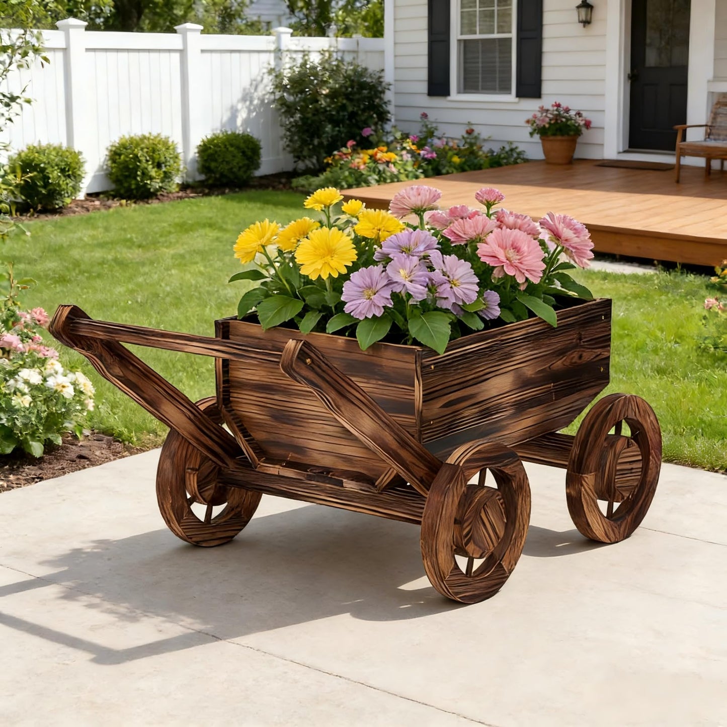Wooden Flower Cart with Wheels Wooden Wagon Planter Outdoor Garden Planter Decor Planter for Patio Balcony Trolley Decoration Succulent Flower Pot, Indoor Backyard Balcon Decor(Large)