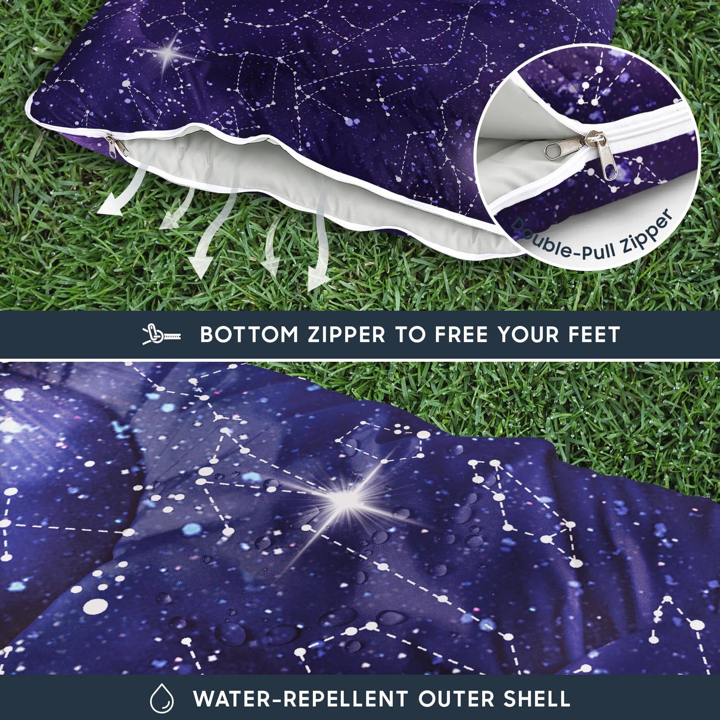 Wake In Cloud - Kids Sleeping Bag for Boys Toddlers, Camping in Warm Cold Weather, Backpacking Lightweight Compact Outdoor Liner for 3 Seasons, Constellation Galaxy, Indigo Purple