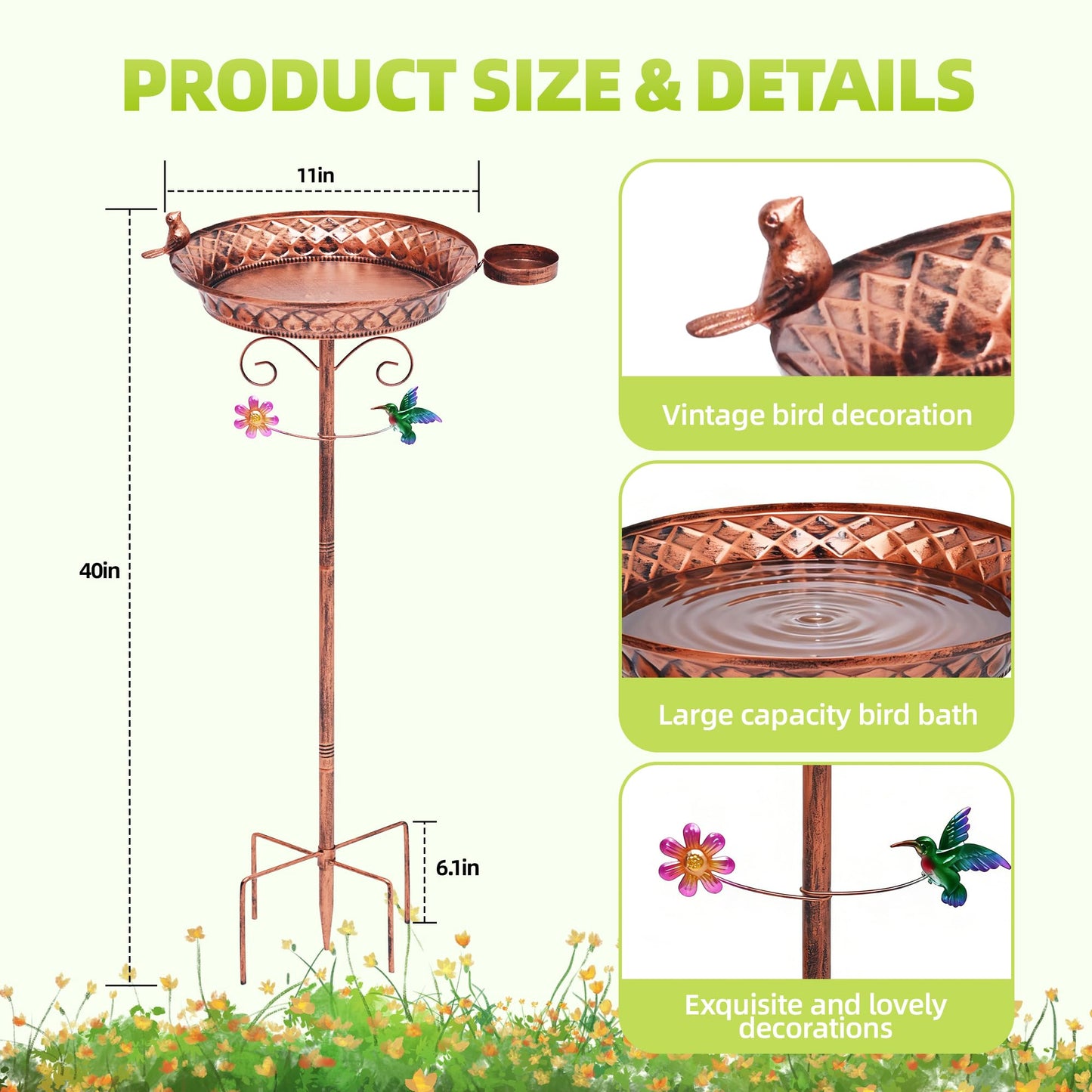 YOFOVI Metal Bird Bath for Outside, 40 Inch Tall Standing Bird Baths Bowl with Detachable Birds Feeder, Heavy Duty Birdbaths for Outdoors, Garden Yard Decor, Copper