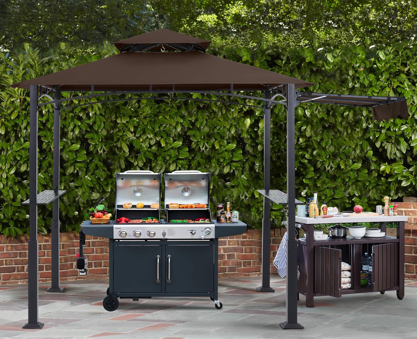ABCCANOPY Grill Gazebo with Extra Awning - 11x5 Outdoor BBQ Canopy Shelter with 2 Led Lights for Patio Backyard Grilling (Coffee)