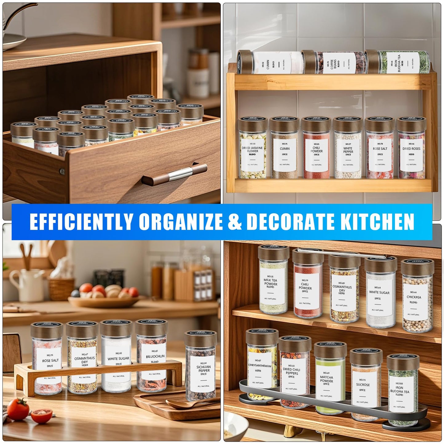 VIBRATITE 30 Pack Spice Jars with Acacia Lids, 4 oz Round Glass Jars Spice Containers Set with Labels, Pen, Funnel, Seasoning Storage Bottles with Shaker Lids for Rack, Cabinet, Drawer