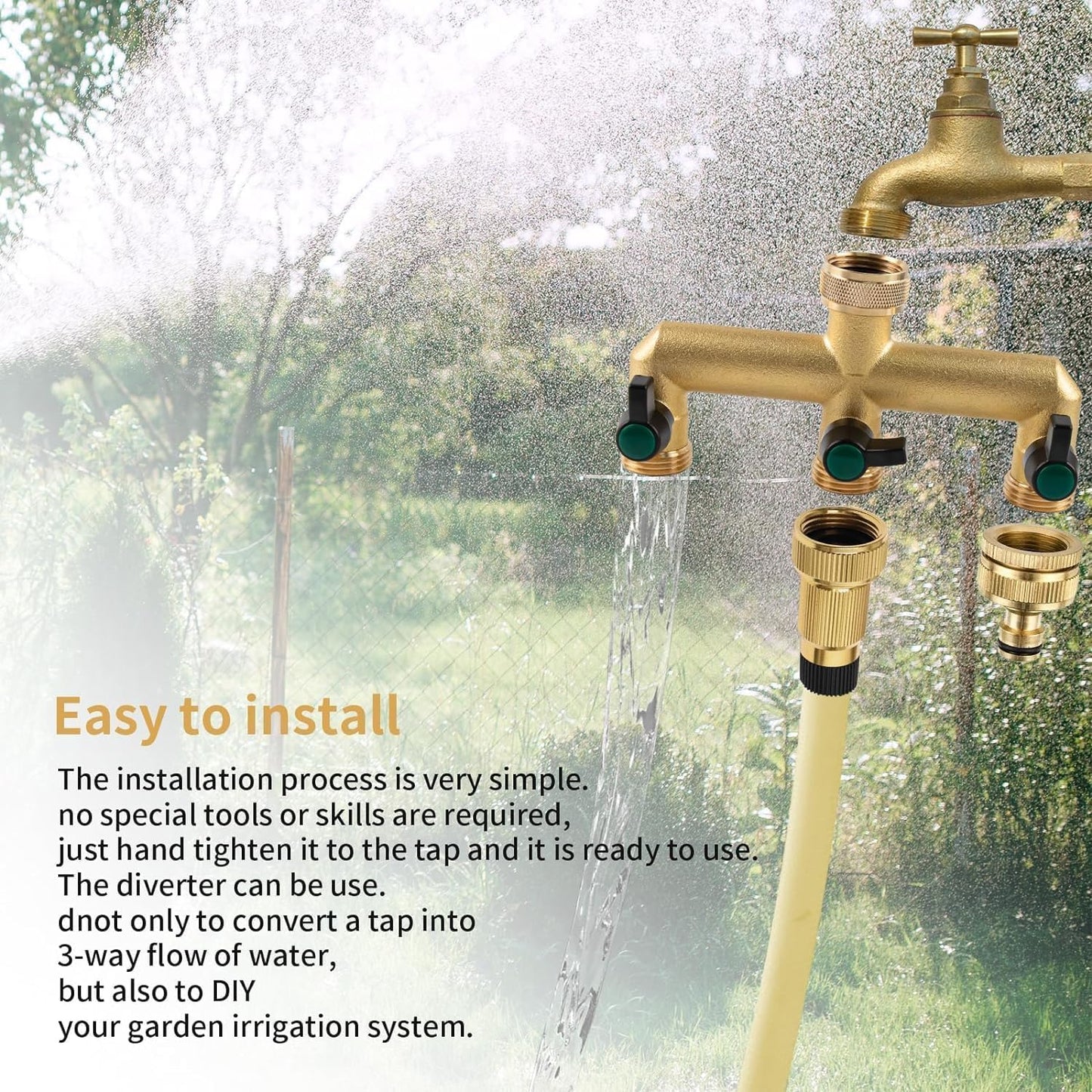 Hose Splitter, 3 Way Heavy Duty Brass Garden Hose Splitter, Outdoor Faucet Splitter, for 3/4" Hose Connector, Hose Spigot Adapter with 3 Individual ON/Off Valves