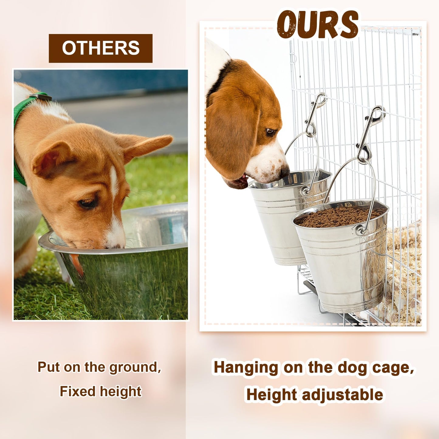 Mumufy 6 Set 2 Quart Stainless Steel Flat Side Bucket Durable Water Pails with Double Ended Snaps Small Metal Bucket Flat Back Water Pails for Dogs Cats Kennels Cages Fences Pet Container