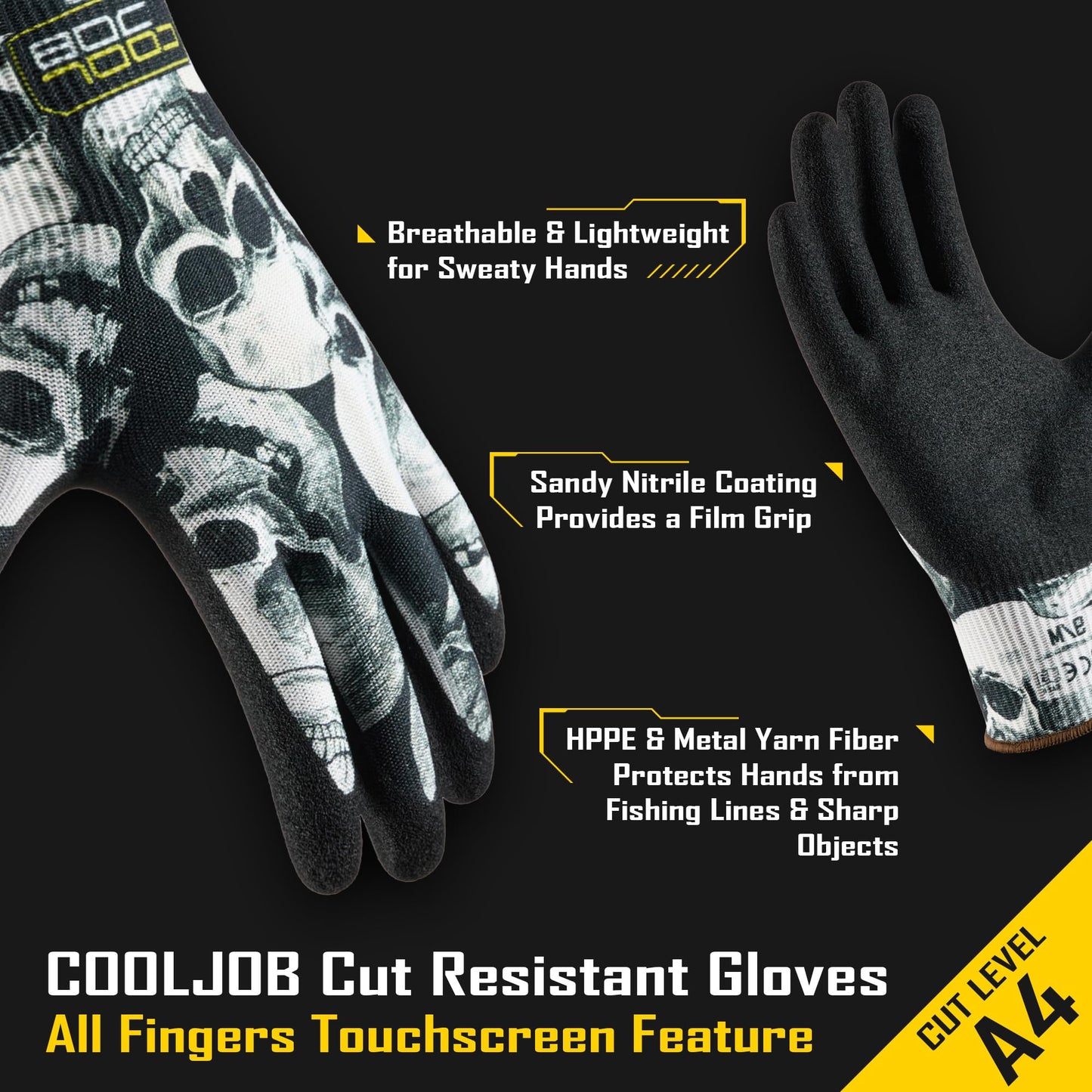 COOLJOB 2 Pairs A4 Cut Resistant Fishing Gloves for Men, Touchscreen Safety Work Gloves with Grip Nitrile, Knife Proof Anti-slip Dexterous Rubber Coating for Glass Handling Wood Carving, Large