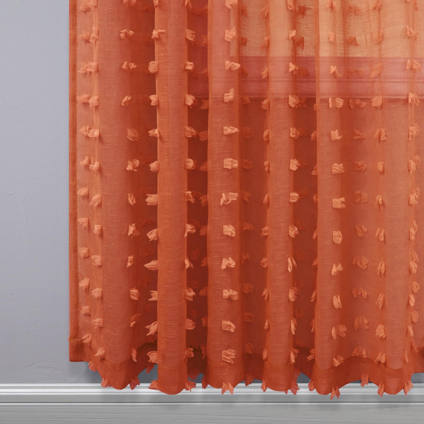 KOUFALL Boho Sheer Orange Curtains 2 Panels 96 Inches Long for Bedroom Pom Pom Back Tab Floor Length Bohemian Curtain for Living Room Burnt Rust Orange
