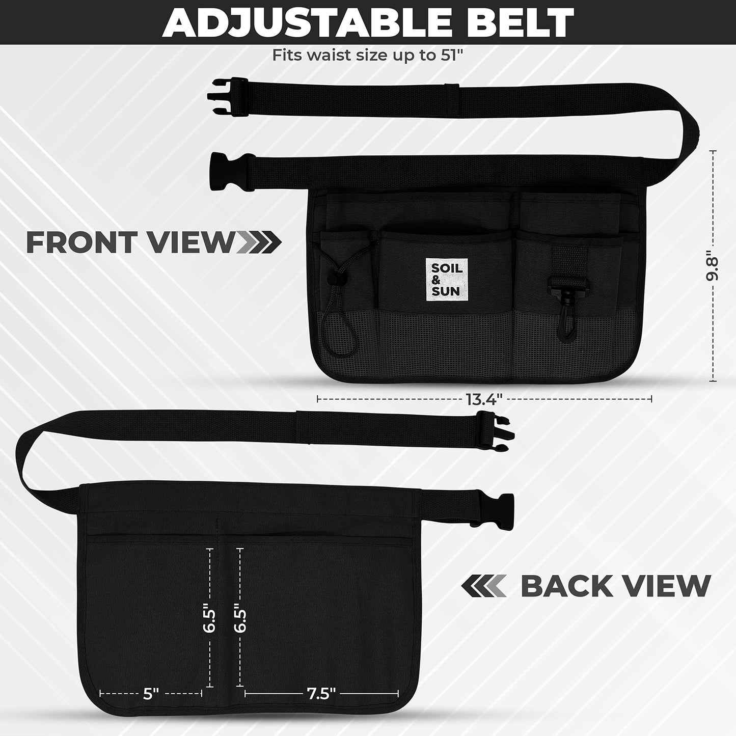 Soil and Sun Black Utility Belt Pouch - Size Adjustable Garden Apron for Women with Pockets - Durable Canvas Garden Tool Belt for Women - Multi-Pocket Waist Caddy Gardening Belt