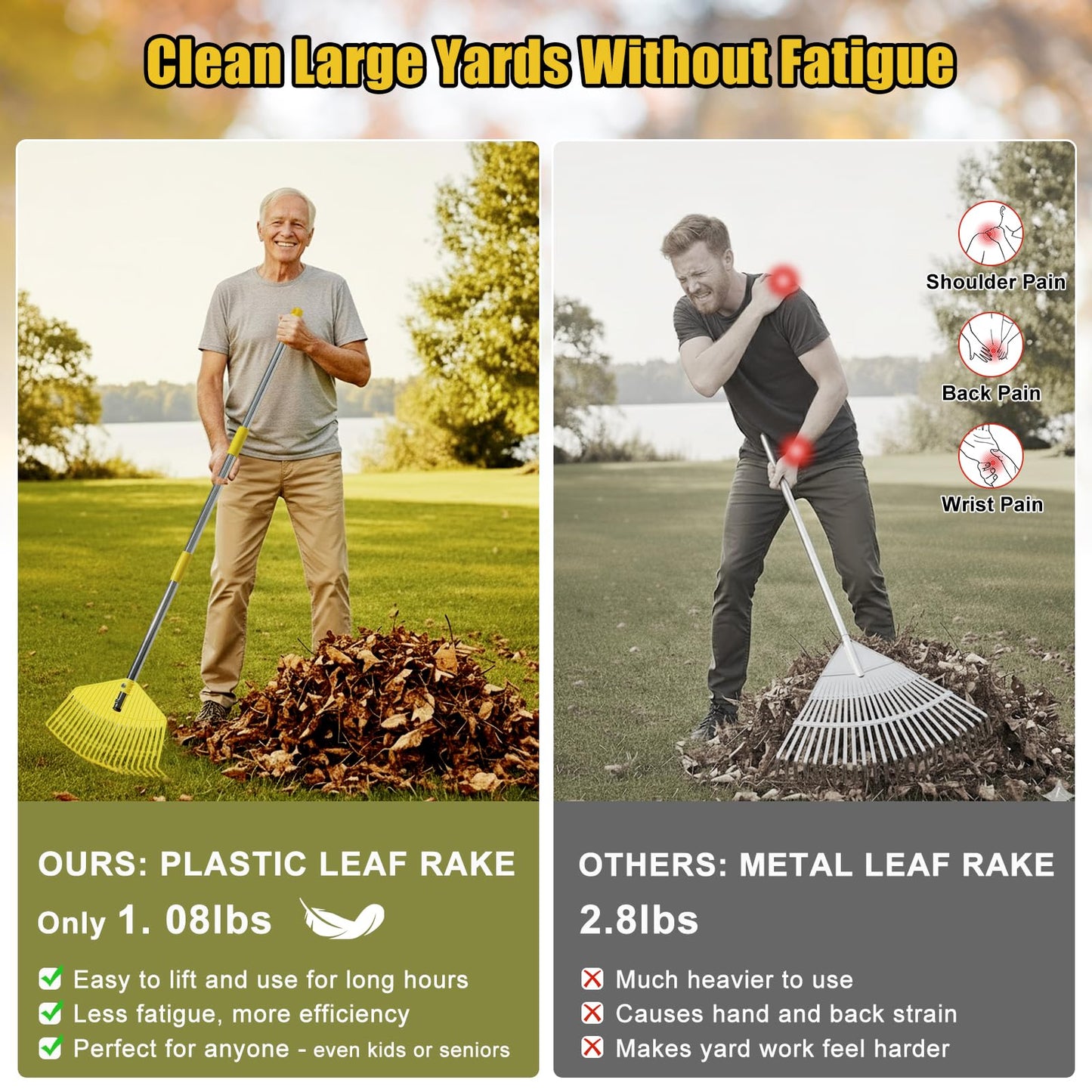 Lightweight Leaf Rake for Lawns - Anti-Break Nylon Plastic Head,Easy Yard & Garden Rake for Women,Seniors,Kids, 16.5" Wide for Leaves, Grass,Pine Needles,Gardening,Adjustable 35–65" Long Handle