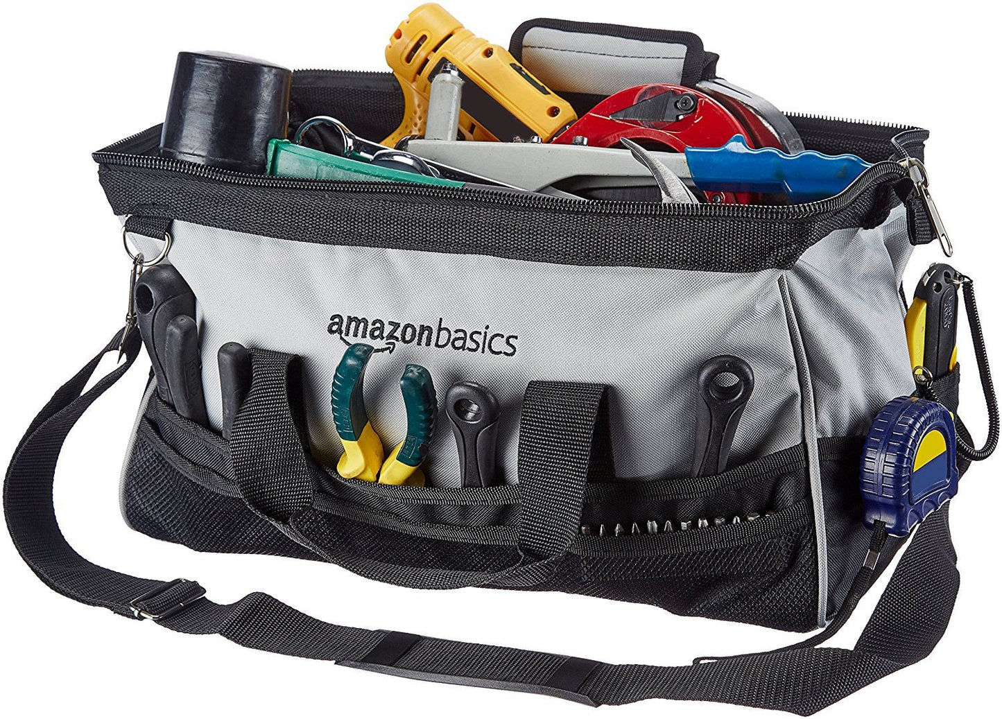 Amazon Basics Durable Wear-Resistant Tool Storage Bag with Adjustable Shoulder Strap, Portable Tool Organizer, 16 in, Black & Grey