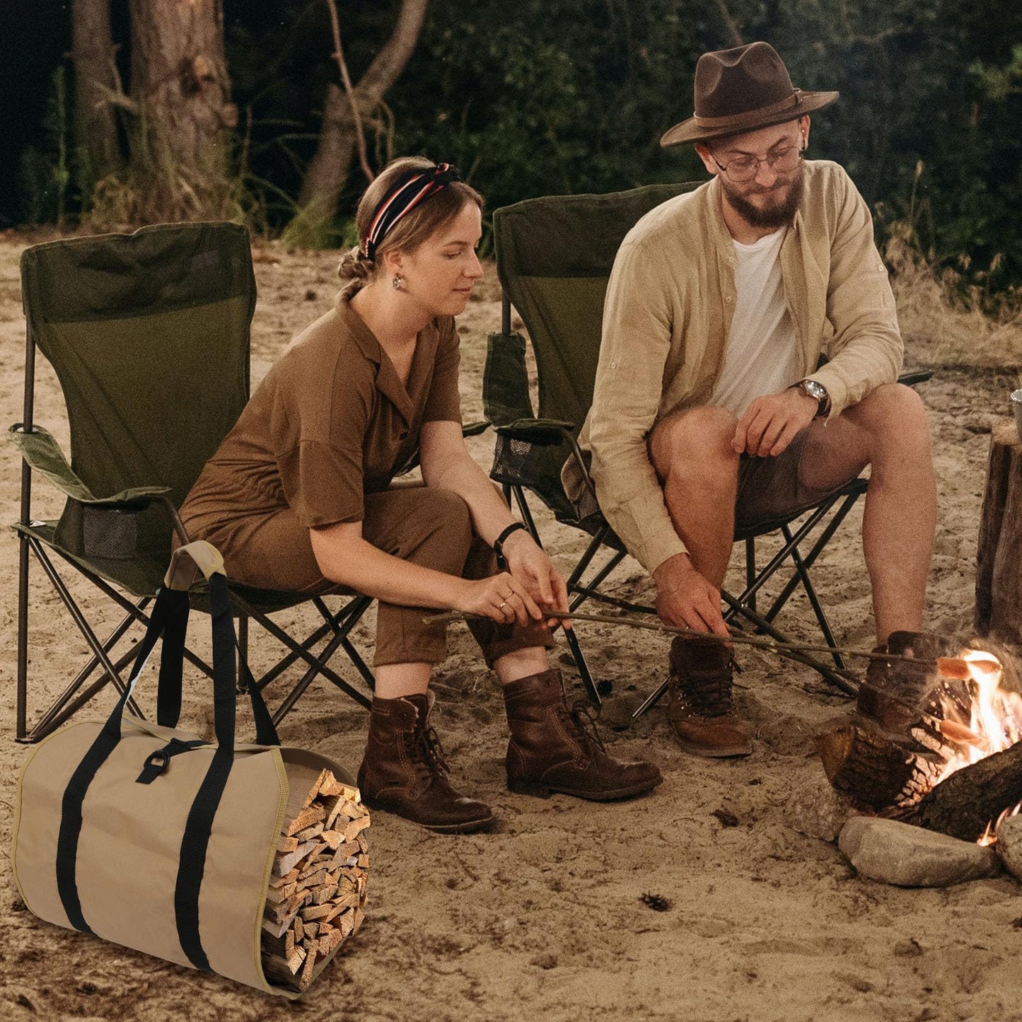 BREENHILL 2Pcs Firewood Bag Carrier, Durable Log Carrier Tote Wood Bag Firewood Holder Fireplace Wood Stove Accessories for Camping
