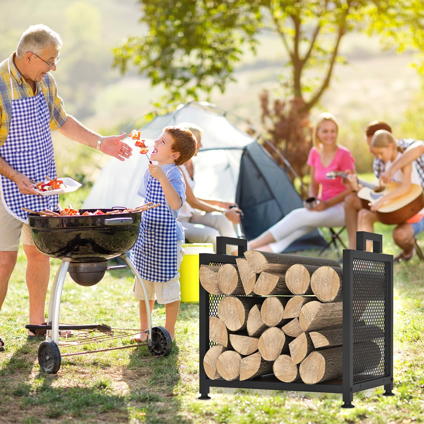VyGrow Firewood Rack for Indoor, Heavy Duty Fire Wood Racks Holder, 17.32" Metal Wood Storage Log Holder with Leather Carrier, Small Firewood Stand for Fireplace Patio Deck, Black