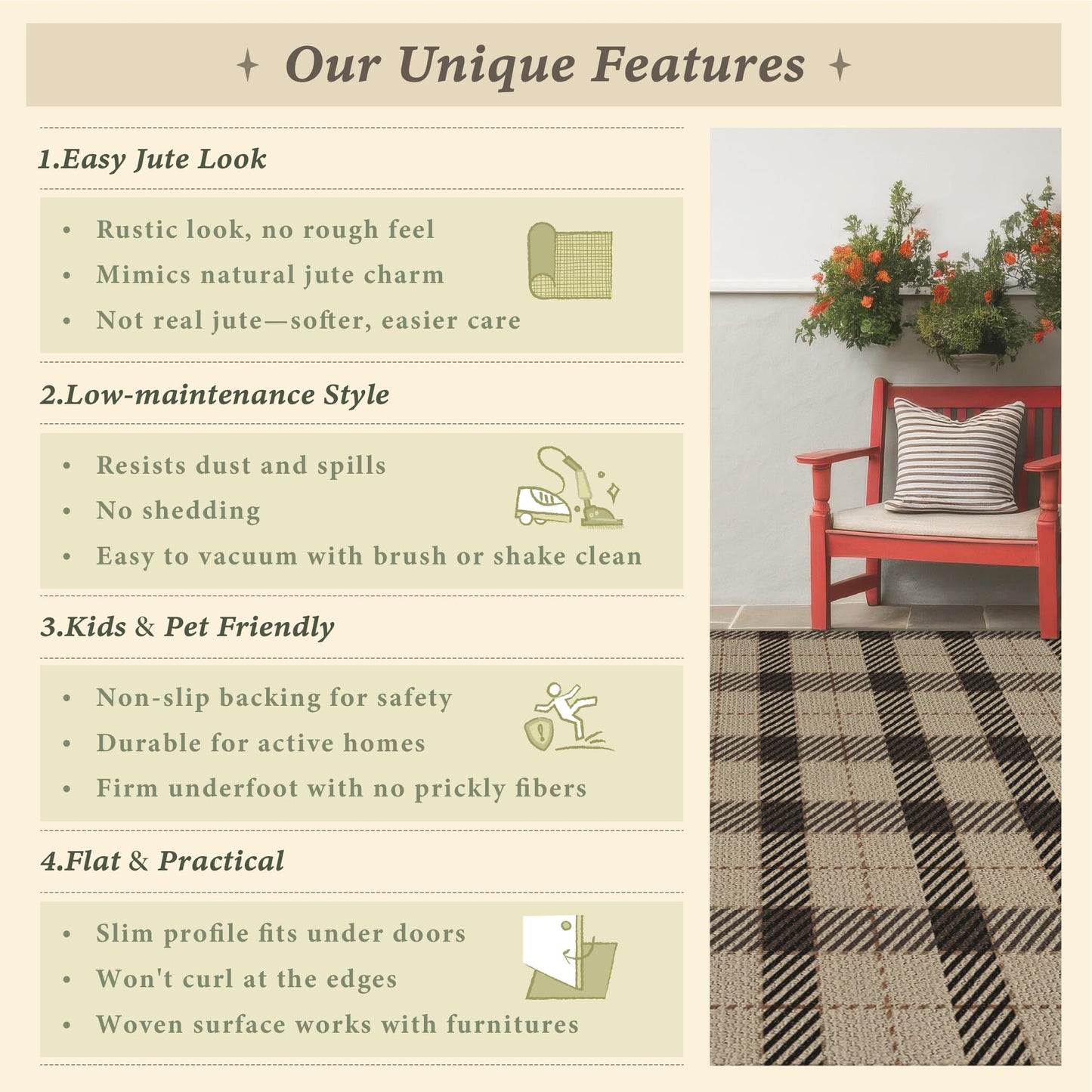 Washable Plaid Indoor Outdoor Rug 3x5 for Front Porch, Entryway, Patio, No Shed Easy Jute Non Slip TPR Backing Area Rug for Large Kitchen, Farmhouse Black & Tan Checkered Seegrass Aesthetic