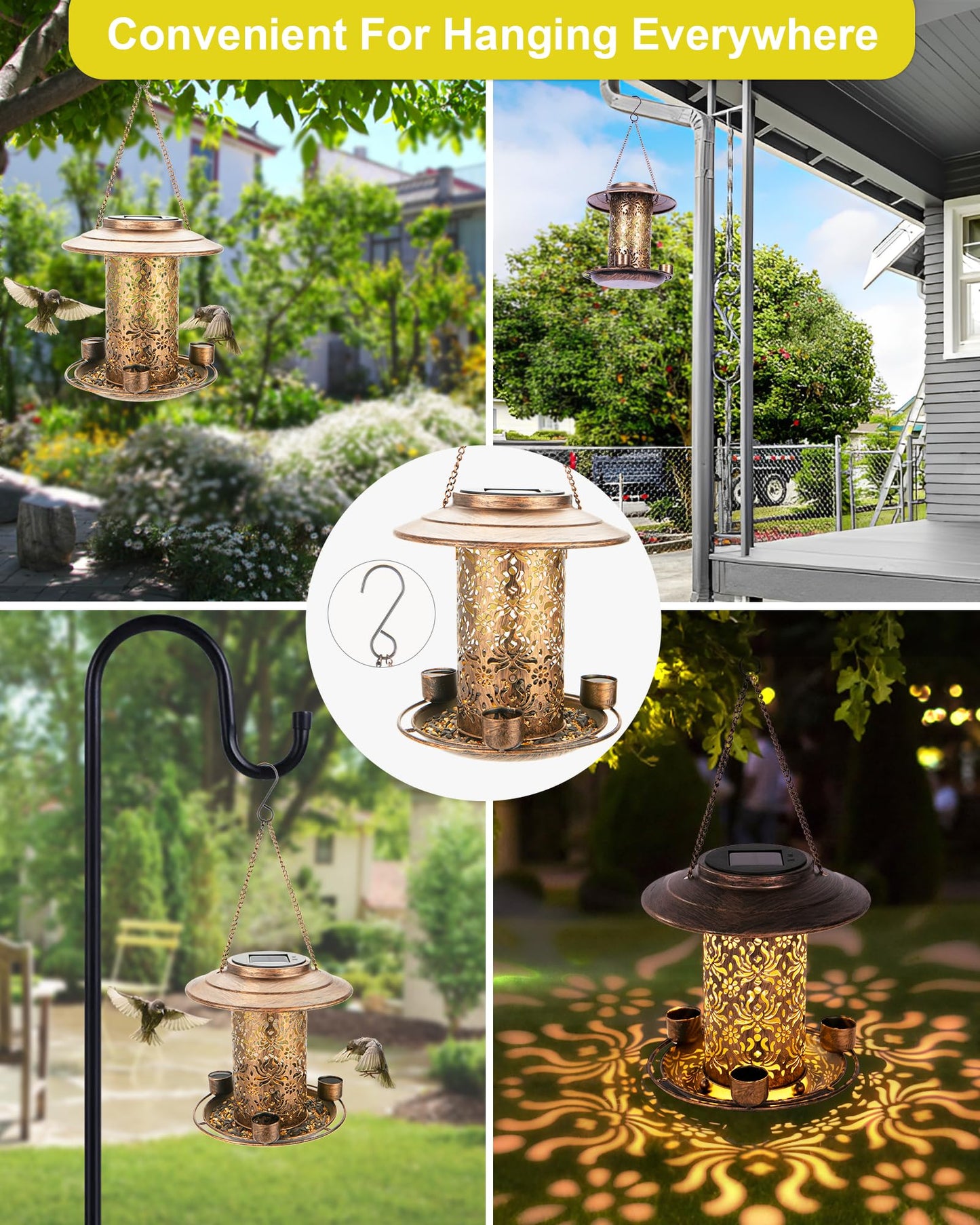 Dosevita Solar Bird Feeders for Outdoors, Metal Hanging Bird Feeder with 3 Water Cups,Rust Resistant, Solar Garden Lantern for Outdoors Decor,The Perfect Choice for Gift(2.5LB)