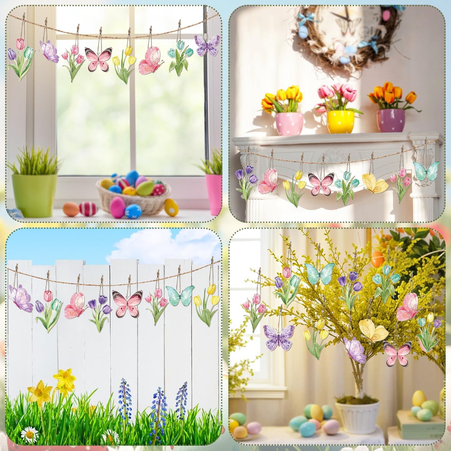 JNYVE 36 Pcs Spring Tree Ornaments: Spring Wooden Flowers Decorations Tulip Butterfly Hanging Decor for Small Tree Home Party
