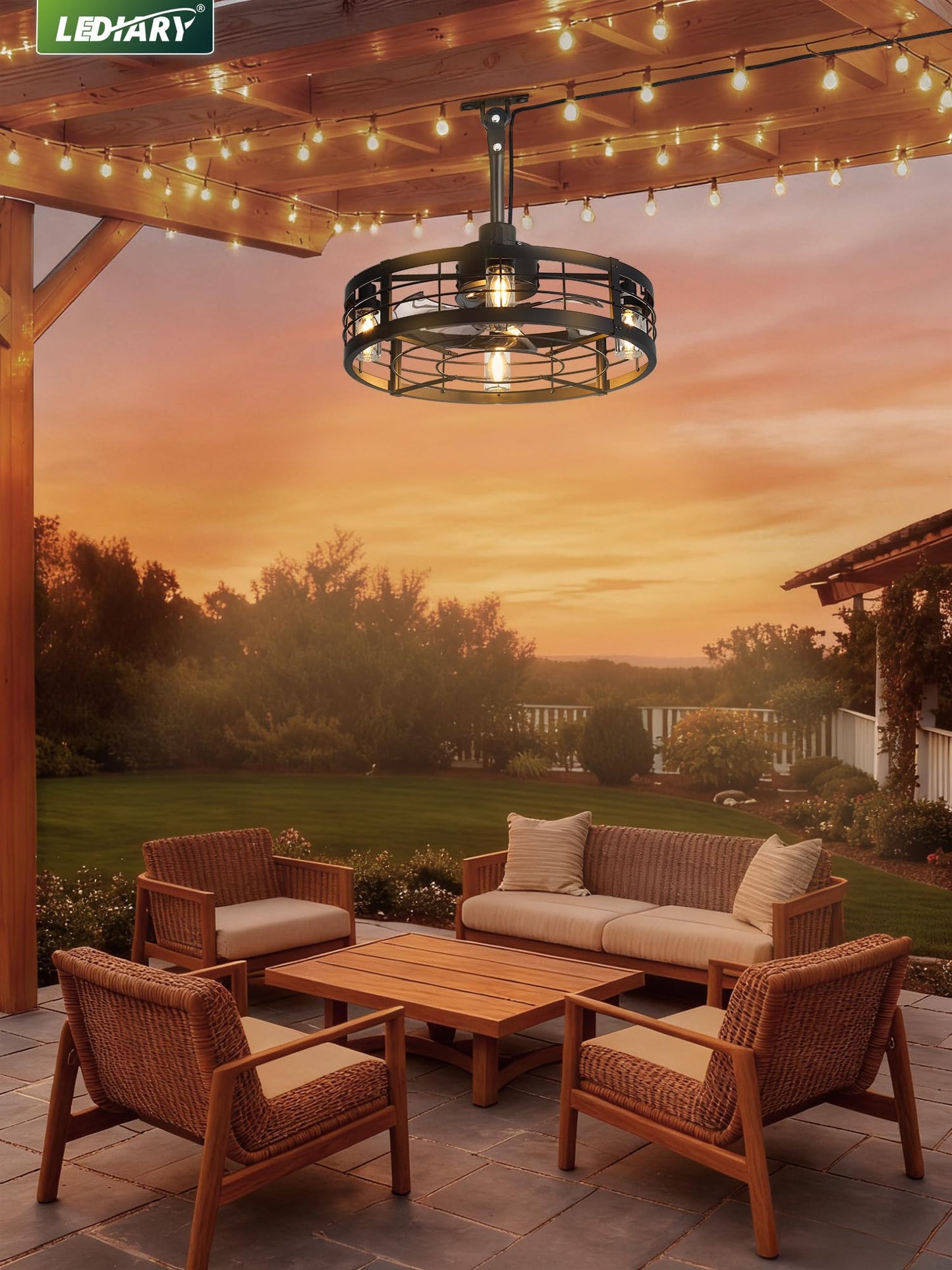 LEDIARY 22" Outdoor Ceiling Fans with Light, Waterproof Gazebo Fan with Hanging Hook, Plug in Ceiling Fan with Remote,Caged Ceiling Fan with 6 Speed Timer for Patio, Porch, Pergola, Black