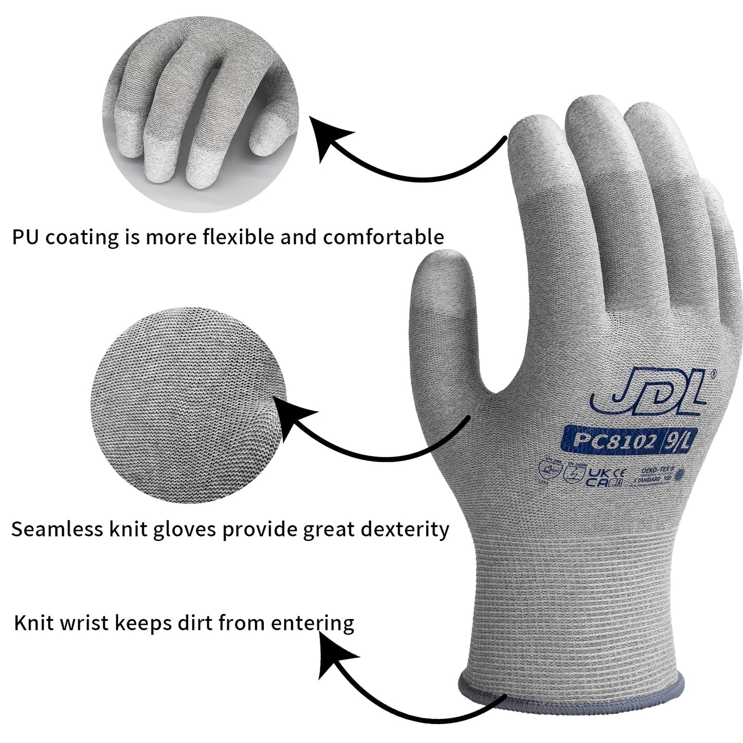 JDL ESD Work Gloves, Anti-Static Gloves for PC Building, 6 pairs, Computer Installation & Repair, High Resistance Carbon Fiber Gloves, Medium