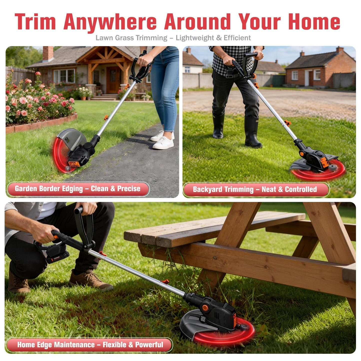 Electric Weed Wacker String Trimmer:2 x 4.0Ah Batteries Cordless Weed Eater 21V Battery Powered with 12" Cutting Width, Eco Friendly Grass Cutter Edger Lawn Tool with Fast Charger