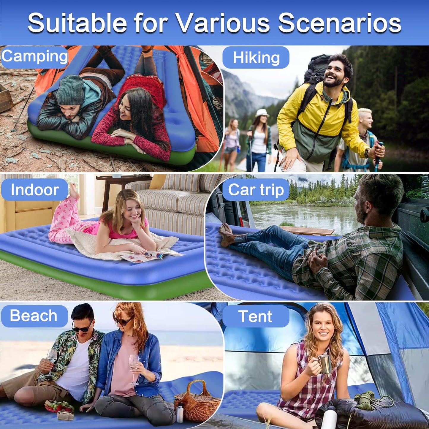 Wusrop Double Sleeping Pad for Camping, Extra Thick 5 Inch Self-Inflating 2 Person Camping Mattress,with Built-In Foot Pump, Insulated Inflatable Trampoline Mat for Backpacking, Hiking, Tents & Winter