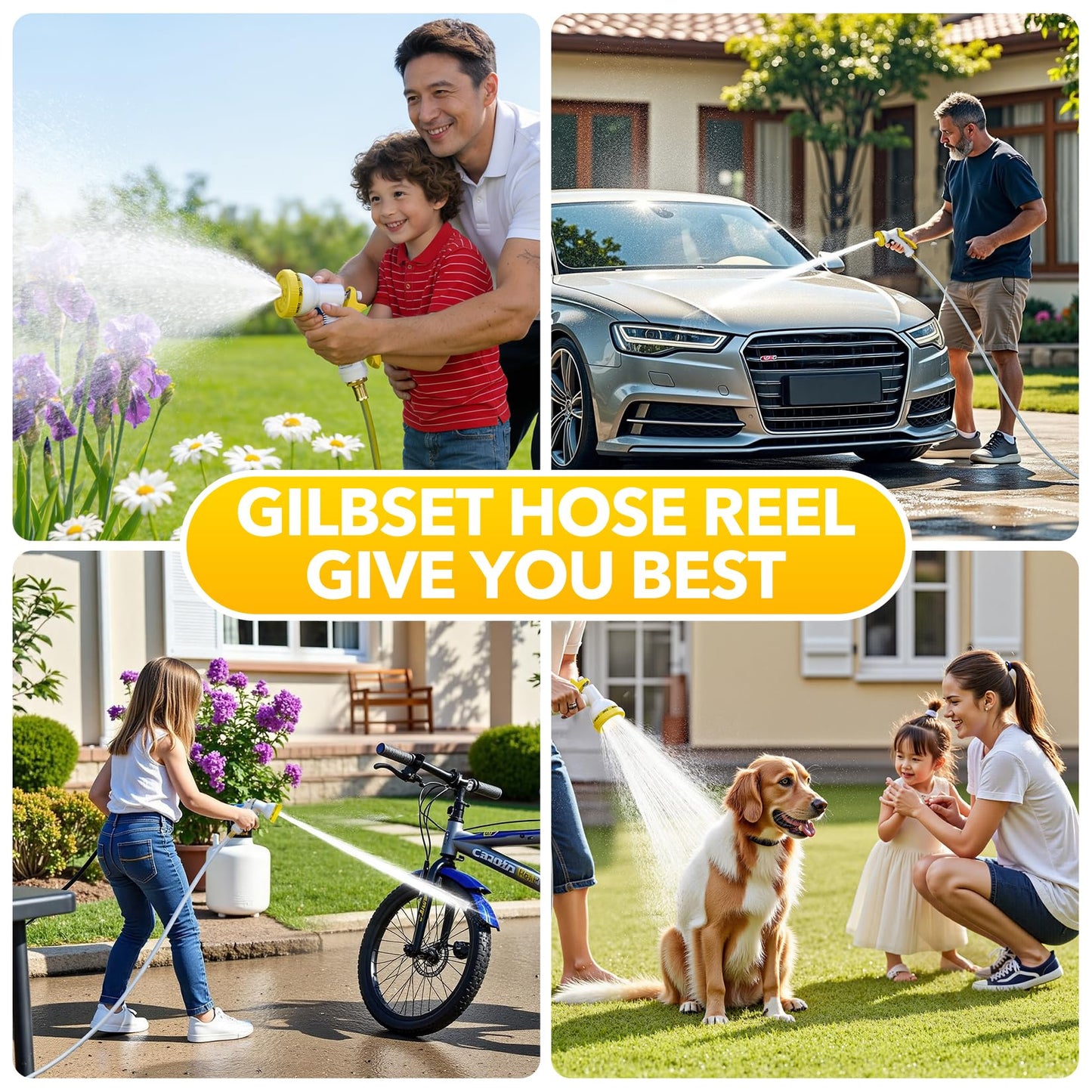 5/8" x 100 ft Retractable Garden Hose Reel, Heavy Duty Water Hose Reel Wall Mounted, Any Length Lock, 180°Swivel, Water Hose with 8-Function Nozzle for Cleaning, Watering(Yellow)