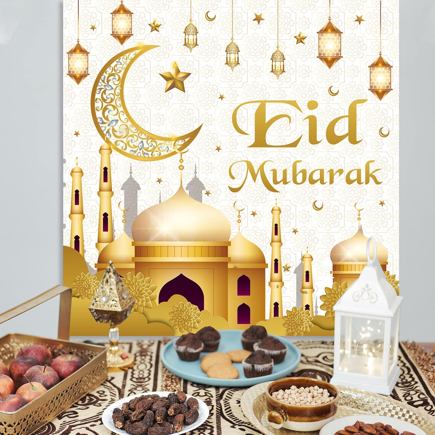 Eid Mubarak Decorations - 70PCS White Gold Ramadan Confetti Balloons with Mubarak Moon Star Foil Balloon, Backdrop for Party Supplies, Eid Decorative Banner for al-Fitr and al-Adha Decor