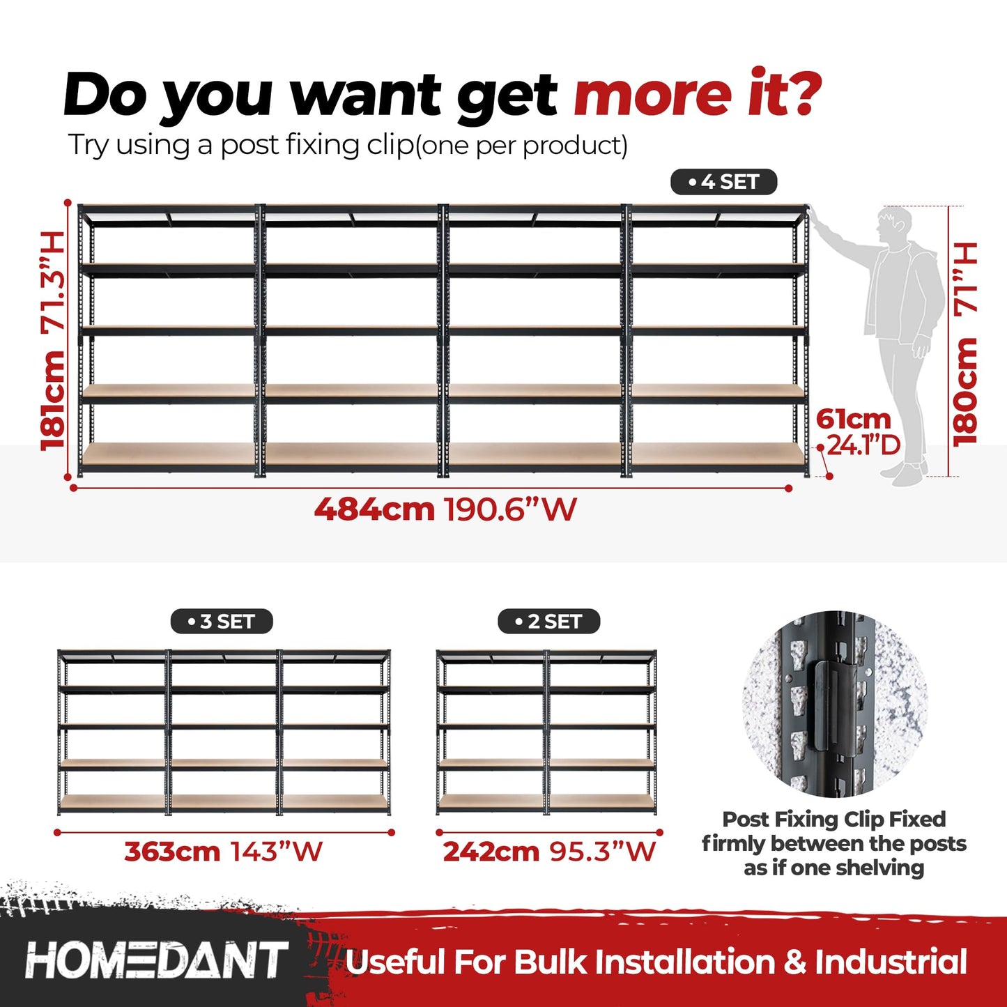 HOMEDANT 47.7" W Deep 5 Tier Heavy Duty Garage Shelving Adjustable Metal Rack Storage Shelves Standing Shelf Unit Organizers Industrial Warehouse Basement Black 1Pack