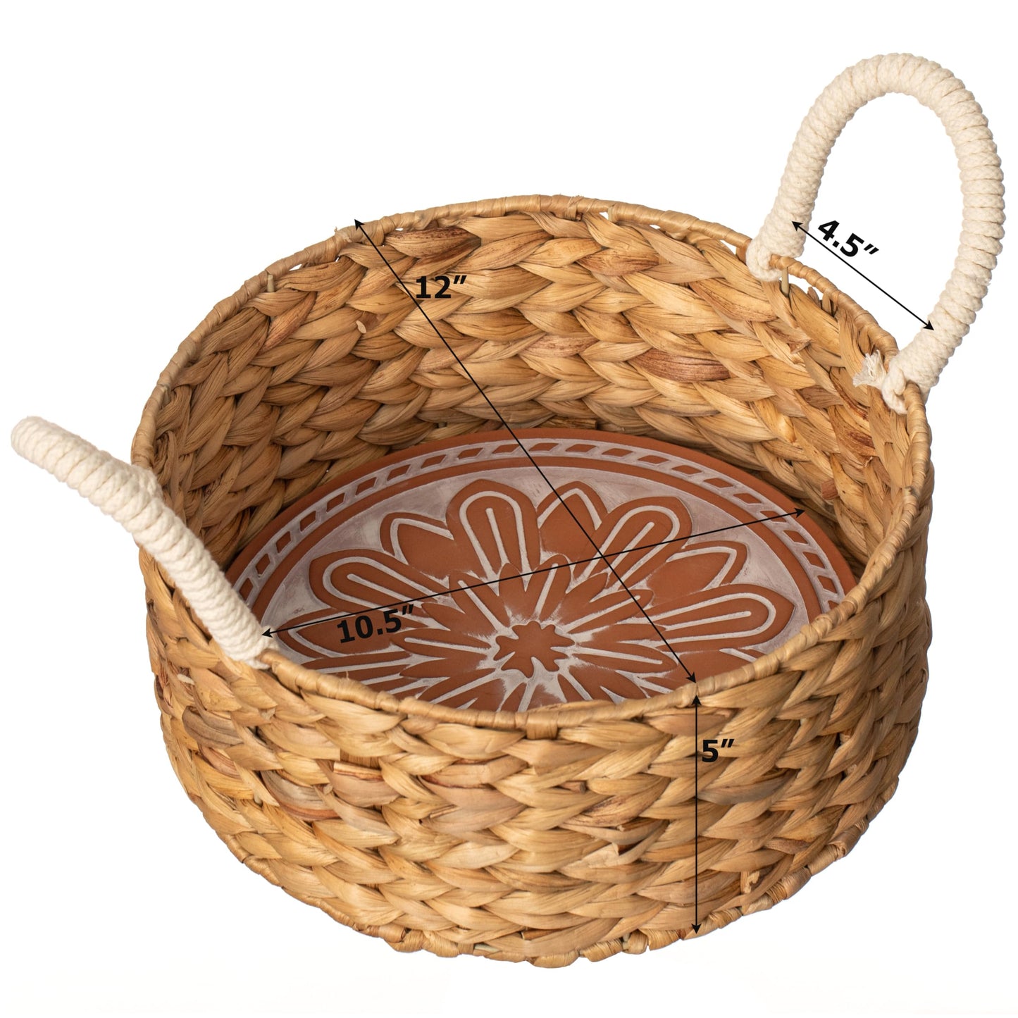 Vintiquewise Handwoven Wicker Bread Basket with Terracotta Stone Warmer & Rope Handles for Kitchen Dining Table & Home Party Use Ideal for Sourdough Bread Rolls Snacks & Baked Goods, Floral Design