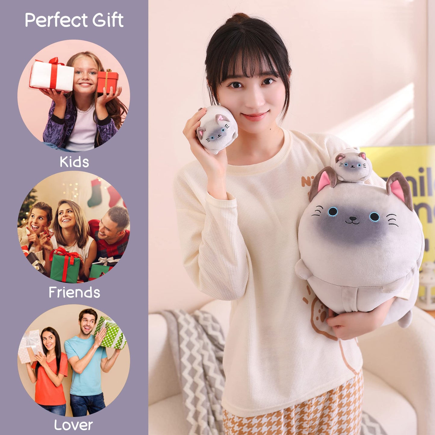 SQEQE Siamese Cat Plush, Cute Stuffed Animals Mommy with 4 Squishy Kitties, Soft Plush Pillow Gifts for Kids
