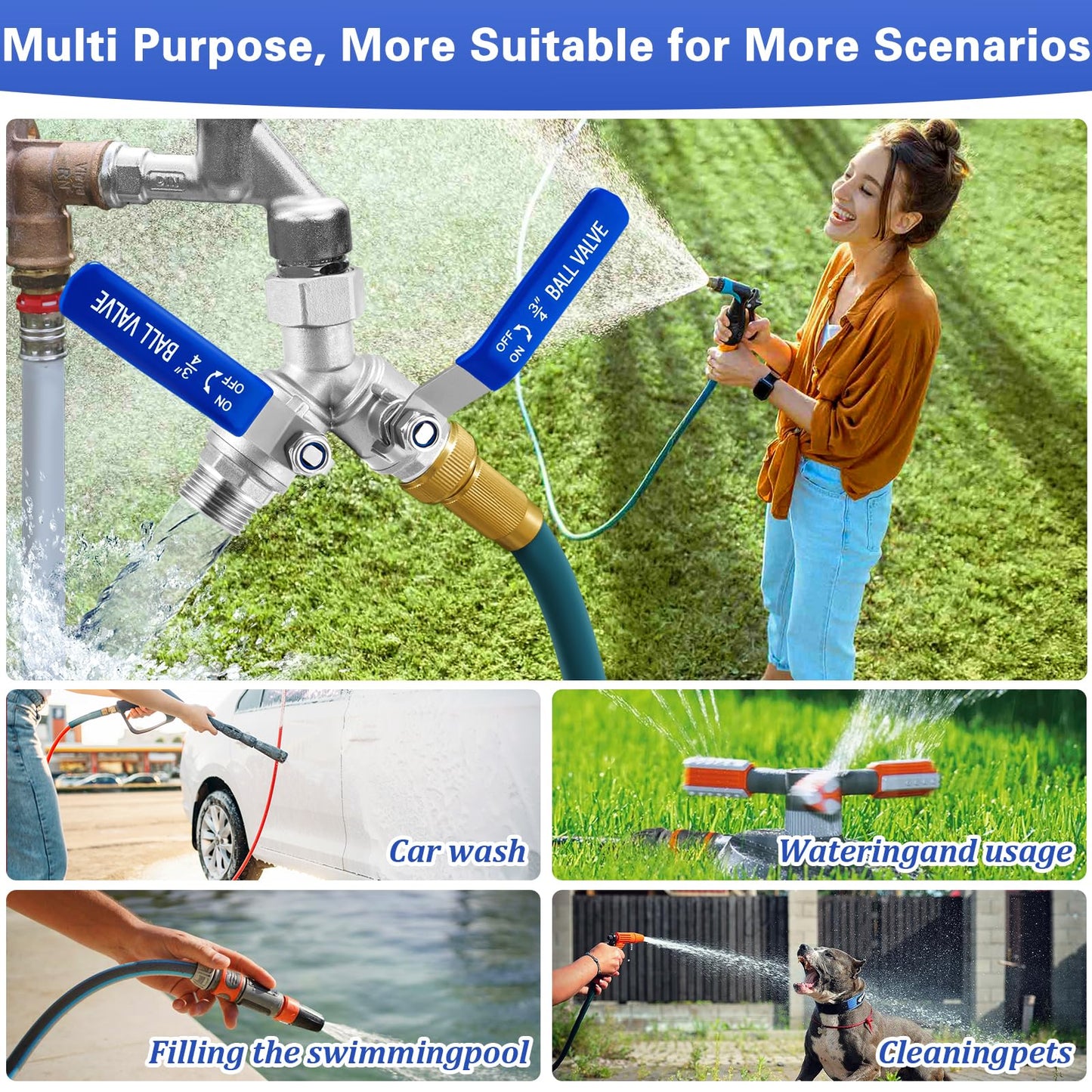 Garden Hose Splitter, 304 Stainless Steel 2 Way Hose Splitter with Long Handle, Heavy Duty Hose Y Spigot Splitter with Shutoff Valves, 3/4" GHT Thread Outdoor Faucet Splitter