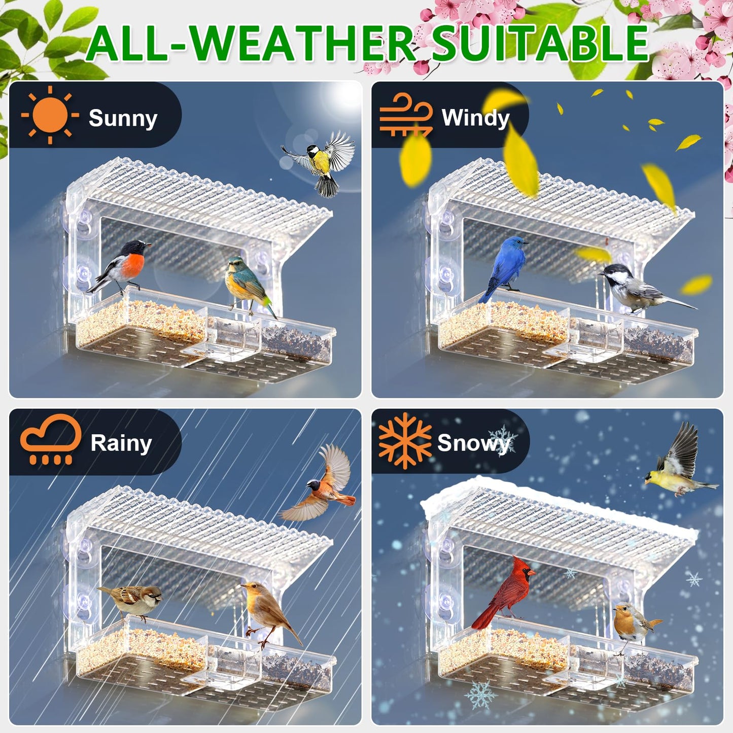 Gbekery Window Bird Feeder for Outdoors with Strong Suction Cups, Acrylic Clear Window Bird Feeders for Viewing with Large Capacity Detachable Seed & Water Tray