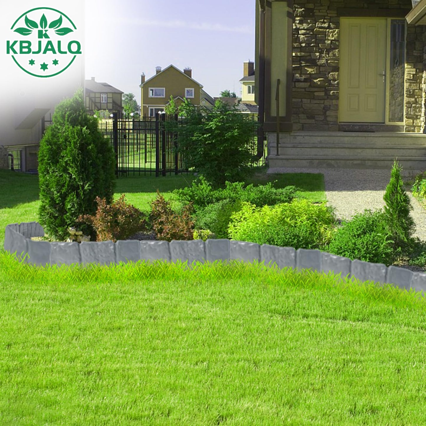 KBJALQ Garden Edging Border with Anchoring Spikes,Plastic Landscape Edging Border Imitation Stone Fence for DIY Outdoor Yard Landscaping (20pcs/16 FT, Gray)