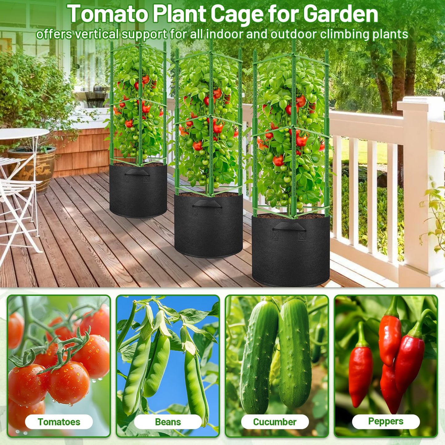 Legigo 6 Pack Tomato Cages with 10 Gallon Grow Bags- 48inch Tomato Trellis Plant Support Stakes Planter, Tomato Plant Cages Garden Trellis for Vertical Climbing Plants Vegetables Flowers Fruits