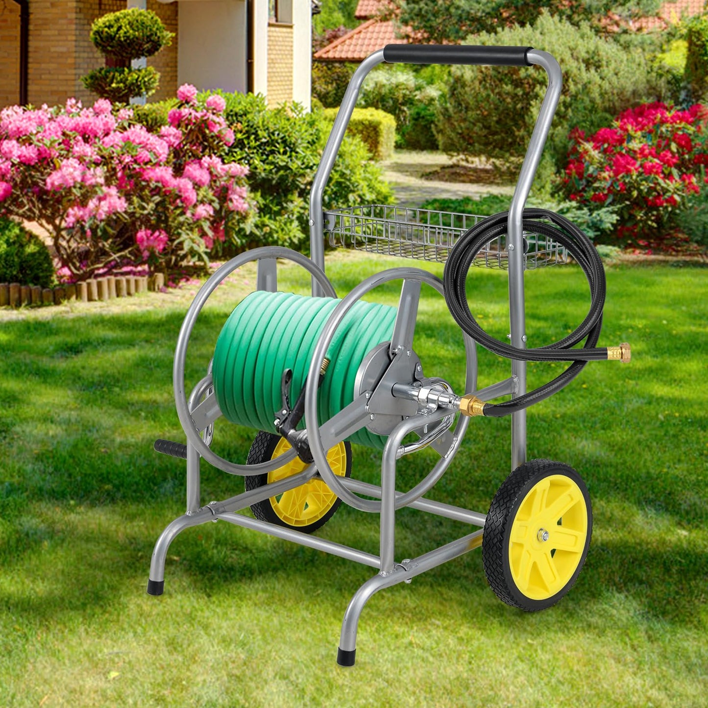 Goplus Garden Hose Reel Cart, 230 FT of 5/8" Large Capacity, Heavy-Duty Metal Hose Cart w/ 2 Wheels, Storage Basket, Portable Water Hose Organizer for Outside Yard, Outdoor Planting Tool