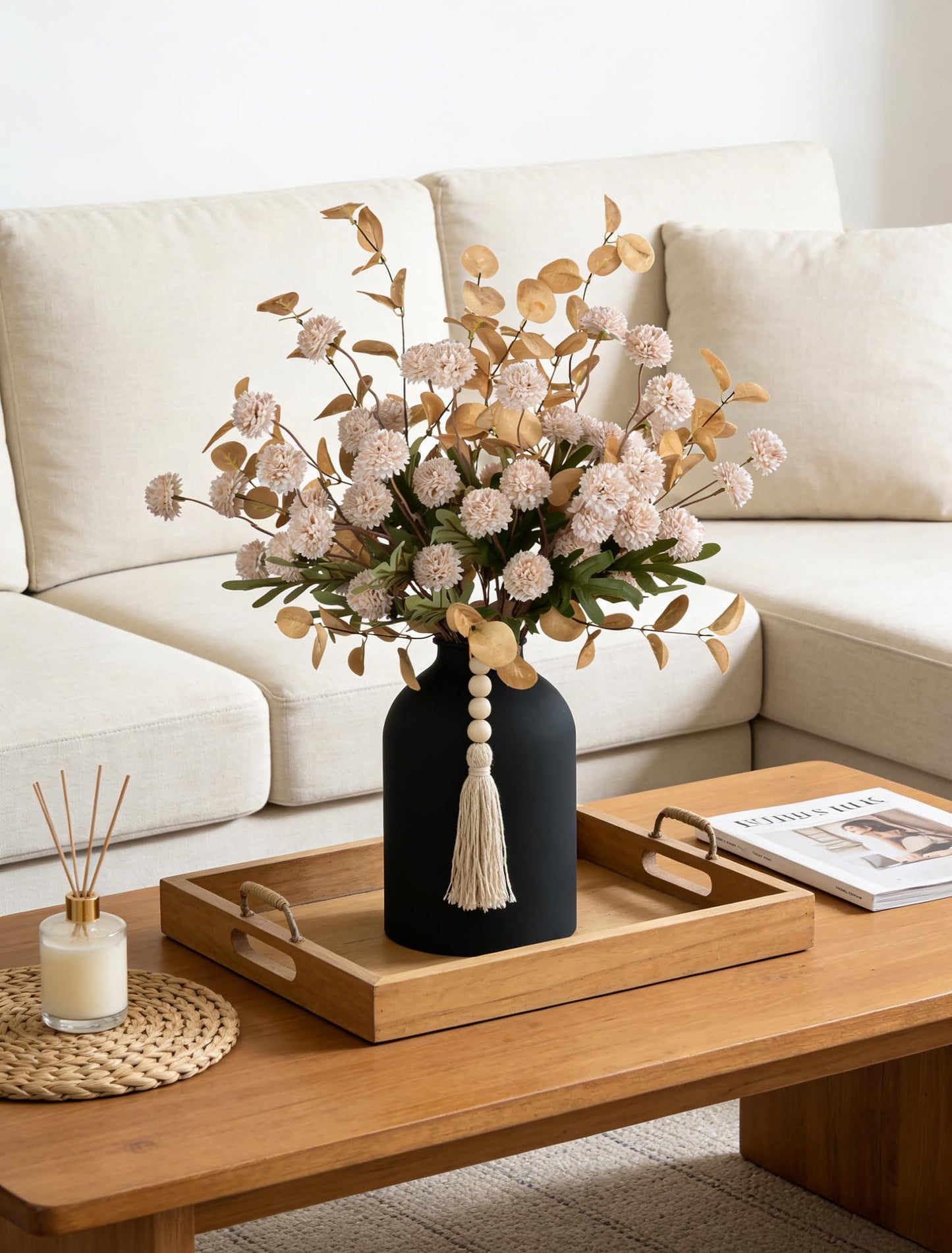 BLOSMON Fake Flowers Centerpieces for Tables: Gifts for Women Metal Vase with 12 Stems of Artificial Mums Kiku Eucalyptuses for Dining Room - Beige Faux Floral Arrangements in vase for Mothers Day
