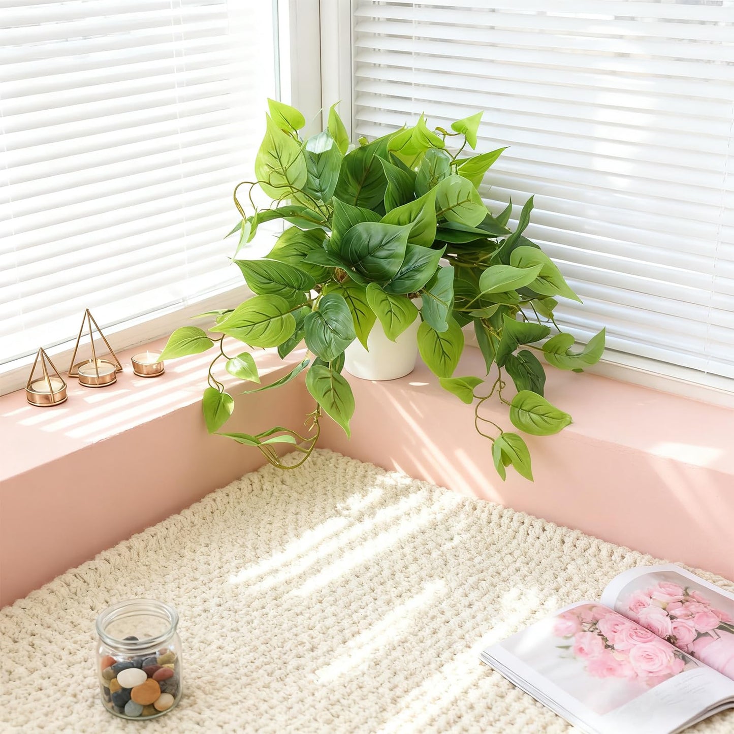 RYVIEL Artificial Pothos Plant in White Pot,Fake Potted Plants for Home Decor Indoor, Faux Greenery for Desk Shelf Living Room Office Bathroom Indoor Outdoor