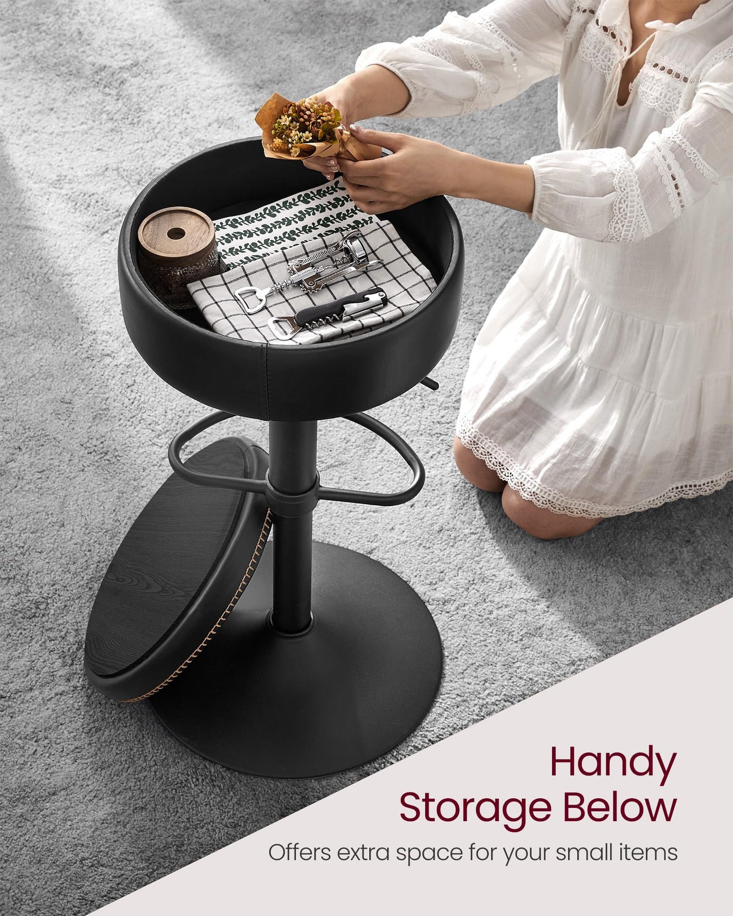 VASAGLE EKHO Collection - 360° Swivel Bar Stool, Height Adjustable Barstool with Storage, Synthetic Leather with Stitching, Mid-Century Modern, Kitchen Bar, Easy Assembly, Ink Black