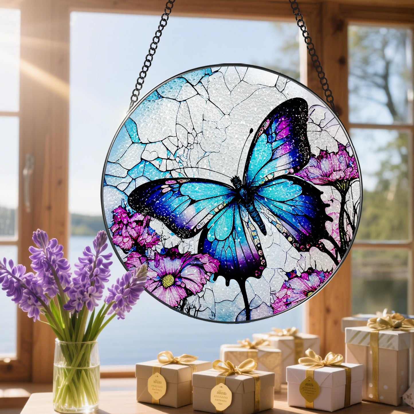 8 Inch Stained Glass Suncatcher Ornament, DOUHASU Butterfly Sun Catchers Indoor Window, Stained Glass Window Hanging, Home Decor, Butterfly Lovers Gifts for Her, Women, Mom, Grandma, Friend